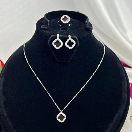Van Cleef Yonca Siyah Taşlı Kadın 3'lü Seti 925 Ayar Gümüş Radyumlu 8 mm