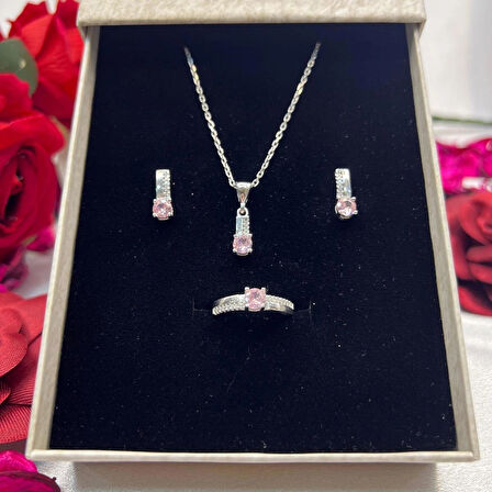 Pembe Tektaş Model Kadın 3'lü Set 925 Ayar Gümüş Zirkon Rodyumlu  Taşlı