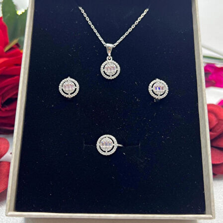 Yuvarlak Pembe Baget Taşlı Kadın 3'lü Set 925 Ayar Gümüş Rodyumlu Zirkon Taşlı