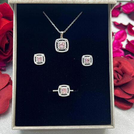Pembe Kare Kadın 3'lü Set 925 Ayar Gümüş Rodyumlu Baget ve Zirkon Taşlı
