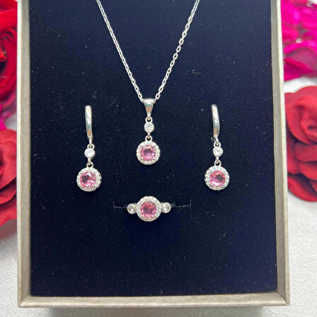 Pembe Yuvarlak Taşlı Kadın 3'lü Set 925 Ayar Gümüş Zirkon Taşlı