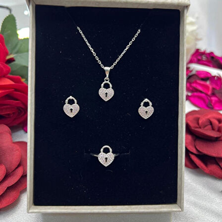 Pembe Kalp Kilit Model Kadın 3'lü Set 925 Ayar Gümüş Zirkon Taşlı