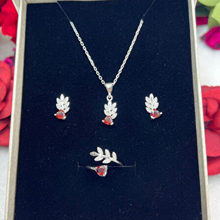 Kırmızı Kalp Taşlı Yaprak Model Kadın 3'lü Set 925 Ayar Gümüş Zirkon Taşlı