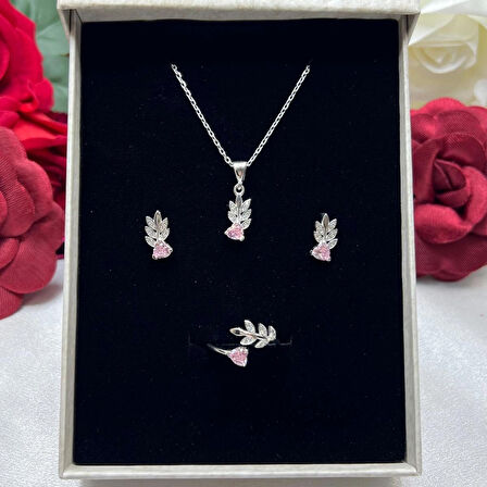 Pembe Kalp Taşlı Yaprak Model Kadın 3'lü Set 925 Ayar Gümüş Zirkon Taşlı