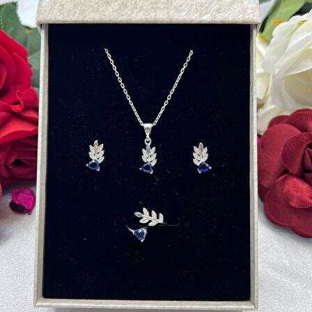 Safir Mavisi Kalp Taşlı Yaprak Model Kadın 3'lü Set 925 Ayar Gümüş Zirkon Taşlı