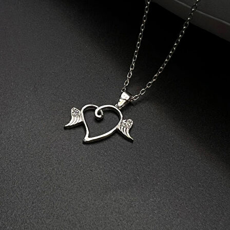 Melek Kanatlı Kalp Figürlü Kadın Kolye 925 Ayar Gümüş