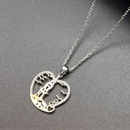 Kız Kulesi ve Kalp Figürlü Kadın Kolye 925 Ayar Gümüş Zirkon Taşlı