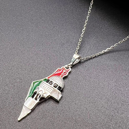 Filistin Haritası ve Mescid-i Aksa Figürlü Kolye 925 Ayar Gümüş Mine İşlemeli