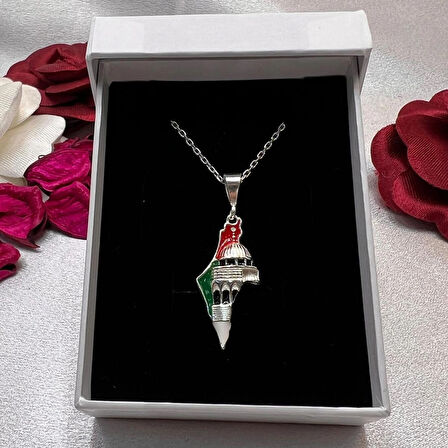 Filistin Haritası ve Kubbetüs Sahra Figürlü Kadın Kolye 925 Ayar Gümüş Mine İşlemeli