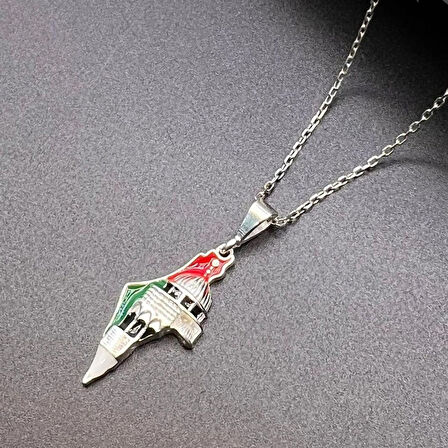 Filistin Haritası ve Kubbetüs Sahra Figürlü Kadın Kolye 925 Ayar Gümüş Mine İşlemeli