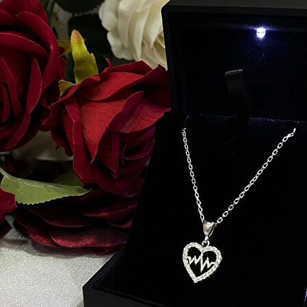 Kalp ve Nabız Figürlü Kadın Kolye 925 Ayar Gümüş Zirkon Taşlı