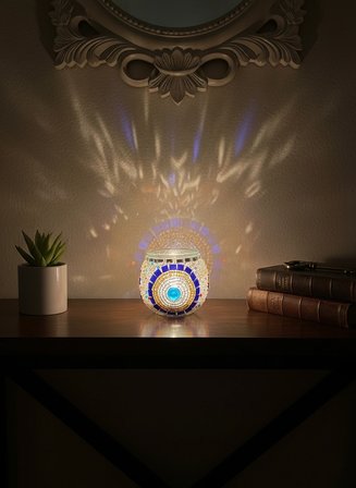 Mozaik Cam Mumluk – Dekoratif LED/Mum Işığı – El Yapımı Mozaik Desenli Şık Süs Eşyası