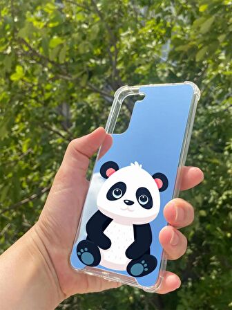 Samsung Galaxy S21 Plus Uyumlu Aynalı Sevimli Panda Desenli Darbe Kamera Korumalı Silikon Telefon Kılıfı