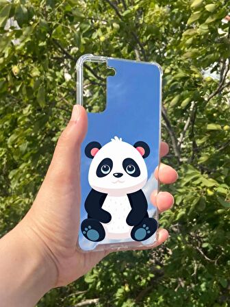 Samsung Galaxy S21 Plus Uyumlu Aynalı Sevimli Panda Desenli Darbe Kamera Korumalı Silikon Telefon Kılıfı