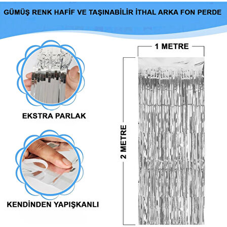 Gümüş Renk Ekstra Metalize Parlak Saçaklı Arka Fon Perde İthal A Kalite 1x2 Metre