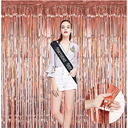 Rose Gold Püsküllü Kapı Perdesi - Parti, Bekarlığa Veda, Doğum Günü 1x2 M