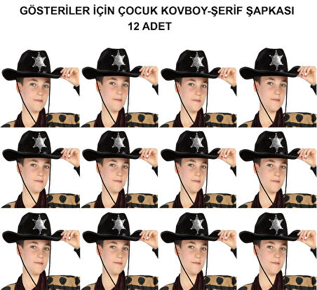 Kovboy Şerif Şapkası Siyah 12 Adet - Kostüm, Parti Ve Gösteri Şapkası