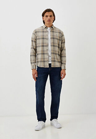 Erkek Flanel Gömlek BEJ Ekose Desenli Slim Fit Düğmeli Yaka Oduncu Gömlek NCS JEANS 7265