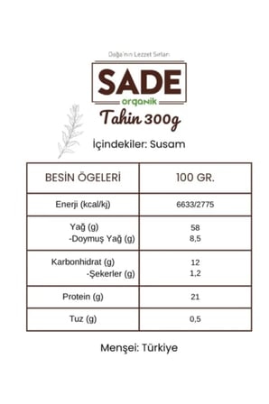 SADE ORGANİK TAHİN 300 GR