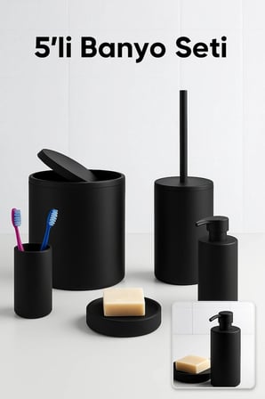 5 Parça Siyah Banyo Seti Yuvarlak Çöp Kovası Tuvalet Fırçası Sabunluk Fırçalık Modern