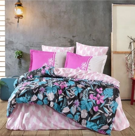 Kingsize Poplin Nevresim Monstera Fuşya
