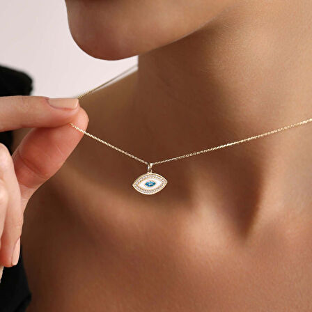 Aqua Taşlı Altın Göz Kolye Beyaz Mine 