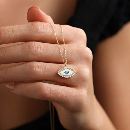 Aqua Taşlı Altın Göz Kolye Beyaz Mine 