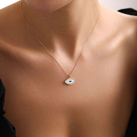 Aqua Taşlı Altın Göz Kolye Beyaz Mine 