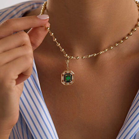 14 Ayar Özel Tasarım Yeşil Taşlı Kolye Ball Chain