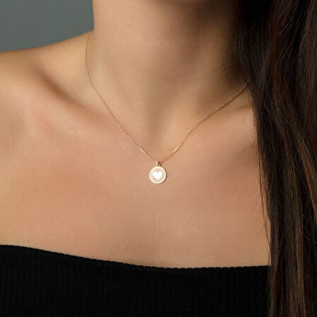 Kalp'li Altın Kolye 14K Rose Gold Yuvarlak