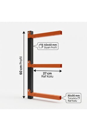 Duvar Tipi Metal Raf Sistemi 60 cm 3 Katlı Raf Taşıyıcı Kol Ayarlanabilir Raf Ayağı Siyah Turuncu