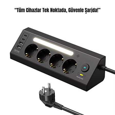 4’lü Akım Korumalı Priz | 2 USB-C + 2 USB-A Çıkış | LED Işıklı Güvenli Şarj Ünitesi | 2 Metre Kablo – Hızlı Şarj Desteği