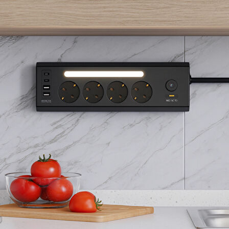 4’lü Akım Korumalı Priz | 2 USB-C + 2 USB-A Çıkış | LED Işıklı Güvenli Şarj Ünitesi | 2 Metre Kablo – Hızlı Şarj Desteği