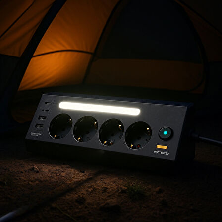 4’lü Akım Korumalı Priz | 2 USB-C + 2 USB-A Çıkış | LED Işıklı Güvenli Şarj Ünitesi | 2 Metre Kablo – Hızlı Şarj Desteği