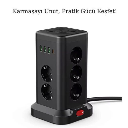 8’li Çoklu Priz Kulesi – Akım Korumalı, 3 USB-A + 1 Type-C Girişli, Anahtarlı ve Hızlı Şarj Destekli