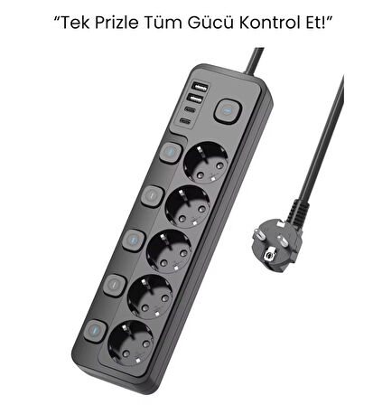5 Priz + 4 USB (2 Type-C) Akım Korumalı Anahtarlı Uzatma Kablosu 2 Metre