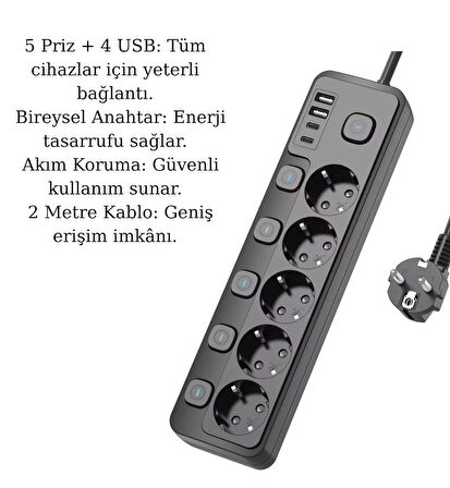 5 Priz + 4 USB (2 Type-C) Akım Korumalı Anahtarlı Uzatma Kablosu 2 Metre