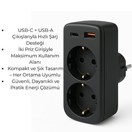 USB-C + USB-A Hızlı Şarj Destekli Çift Priz Adaptörü – Kompakt ve Dayanıklı Tasarım