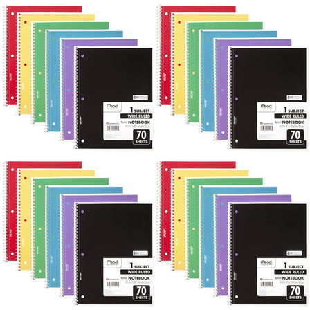 Mead Spiral Defter, 24 Paket, 1-Konu, Geniş Çizgili Kağıt, 7-1/2" x 10-1/2", Dizüstü Bilgisayar Başına 70 Sayfa, Renk Değişebilir (05510)
