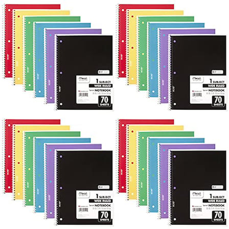 Mead Spiral Defter, 24 Paket, 1-Konu, Geniş Çizgili Kağıt, 7-1/2" x 10-1/2", Dizüstü Bilgisayar Başına 70 Sayfa, Renk Değişebilir (05510)