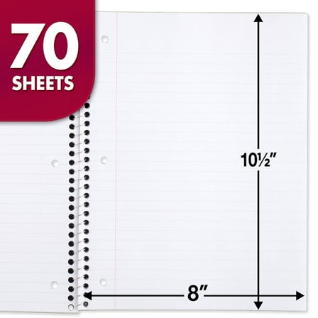 Mead Spiral Defter, 24 Paket, 1-Konu, Geniş Çizgili Kağıt, 7-1/2" x 10-1/2", Dizüstü Bilgisayar Başına 70 Sayfa, Renk Değişebilir (05510)