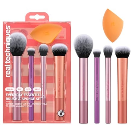 REAL TECHNIQUES Everyday Essentials makyaj fırçası, yüz için komple set (yüz süngeri, yüz, ruj, ayarlama ve delüks göz farı fırçası)