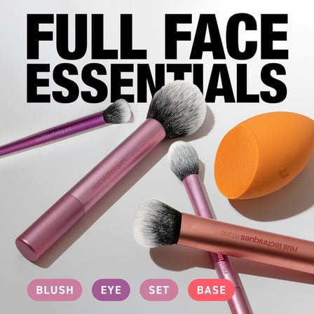 REAL TECHNIQUES Everyday Essentials makyaj fırçası, yüz için komple set (yüz süngeri, yüz, ruj, ayarlama ve delüks göz farı fırçası)
