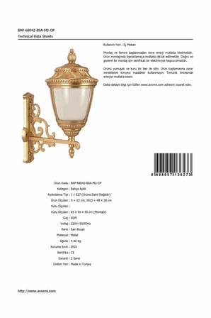 Avonni BAP-68042-BSA-M2-OP Sarı Elektrostatik Toz Boyalı Dış Mekan Aydınlatma, E27, Aluminyum, Polikarbon Cam, 48x28 Cm