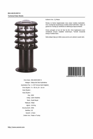 AVONNI BSU-68150-BSY-K Siyah Elektrostatik Toz Boyalı Dış Mekan Aydınlatma, E27, Aluminyum, Polikarbon/ Cam, 16cm