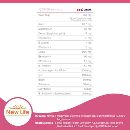 New Life Efa Mom 30 Kapsül - 3 - DHA - Kolin - Magnezyum - Demir - Vitamin ve Mineraller