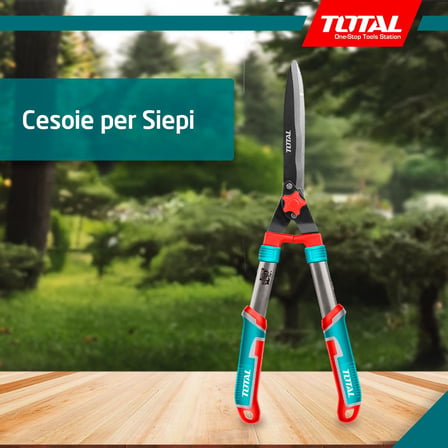 TOTAL Çit budama makası | 11 x 32 x 32 cm | mavi | uzunluk 557 mm | bahçe işleri için teflon bıçaklı iki el çit makası