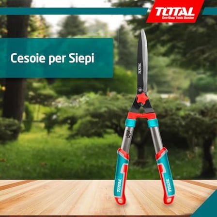 TOTAL Çit budama makası | 11 x 32 x 32 cm | mavi | uzunluk 557 mm | bahçe işleri için teflon bıçaklı iki el çit makası