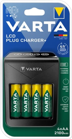VARTA Akü şarj cihazı, 4 x AA 2100 mAh dahil, şarj edilebilir AA/AAA/9V ve USB cihazlar için, LCD Plug Charger+, tek yuvalı şarj, siyah