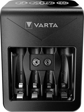 VARTA Akü şarj cihazı, 4 x AA 2100 mAh dahil, şarj edilebilir AA/AAA/9V ve USB cihazlar için, LCD Plug Charger+, tek yuvalı şarj, siyah